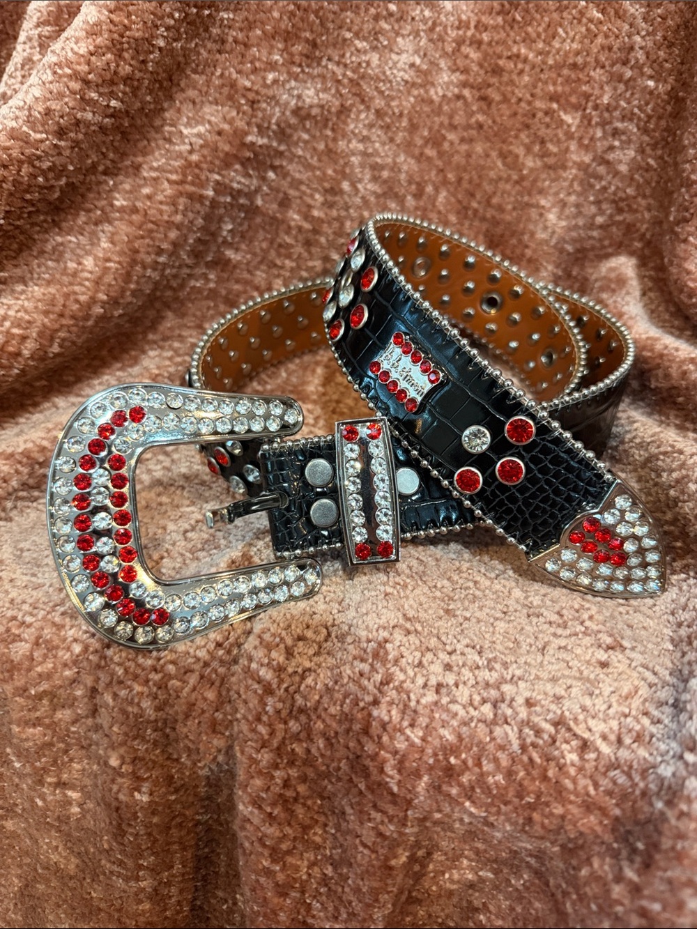 B.B. Simon Rhinestone Red & Clear Crystal Accents Snakeskin Black Silver